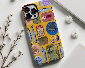 Vintage telefoonhoesje met sardines in blik, collage van sardines, zomerse uitstraling, geschikt voor iPhone 17 16 15 14 13 12 11 Pro Max Plus, Samsung Galaxy S26 S25 en MagSafe.