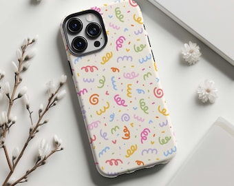 Kleurrijk telefoonhoesje met handgetekende lijnen, gebogen lijnen, kleine krullen en kleurrijke stippen, geschikt voor iPhone 17 16 15 14 13 12 11, Samsung S25 S24 en MagSafe.