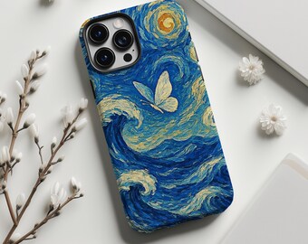 Vortex Starry Sky and White Butterfly Phone Case,Starry Night Retro Art,For iphone 17 16 15 14 13 12 11 Pro Max,Samsung S25 S24 ,Magsafe