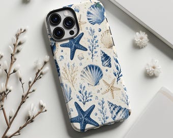 Watercolor Seashell Starfish Phone Case,Blue Coastal Vacation Ocean Beach Art,For iphone 18 17 16 15 14 13 12 11,Samsung S26 S25,Magsafe