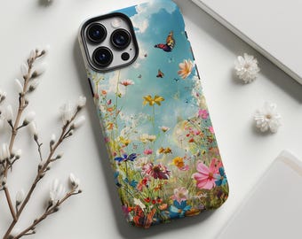 Wildflower Meadow With Butterflies Art Print Phone Case,Spring Floral Sky Art,For iphone 18 17 16 15 14 13 12 11,Samsung S26 S25,Magsafe