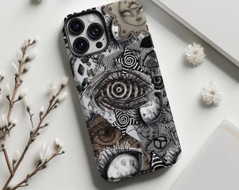 Creepy Eye Spiral Collage Phone Case,Dark Gothic Surreal Horror Art,For iphone 18 17 16 15 14 13 12 11 Pro Max,Samsung S26 S25 Ultra,Magsafe