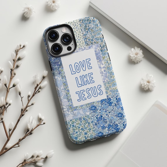 Love Like Jesus Phone Case,Patchwork Grand Millennial Preppy , Peace Blue,For iPhone 11 12 13 14 15 16 17 18 Pro max,Samsung S26 S25,Magsafe