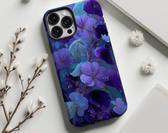 Dromerig paarsblauw telefoonhoesje met bloemenprint, gouden werveling, betoverende botanische print, voor iPhone 17 16 15 14 13 12 11 Pro Max, Samsung S26 S25, MagSafe