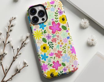 Telefoonhoesje met verse bloemen, retro handgetekende kleurrijke wilde bloemen, voor iPhone 17 16 15 14 13 12 11 Pro Max, Samsung S25 S24 Ultra, Magsafe