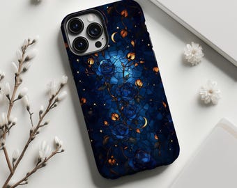 Telefoonhoesje met sterrenmotief en rozenmotief, romantische vintage bloemenprint, geschikt voor iPhone 17 16 15 14 13 12 11 Pro Max, Samsung S25 S24 Ultra en MagSafe.
