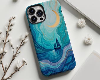Golden Crescent Moon & Lone Sail Phone Case,Impressionism and Modern Fluid Art,For iphone 17 16 15 14 13 12 11ProMax,Samsung S25 S24,Magsafe