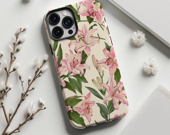 Retro Pink Lily Flower Phone Case,Tiger Lily Summer Floral Designt,For iphone 17 16 15 14 13 12 11 Pro Max,Samsung S25 S24 Ultra,Magsafe