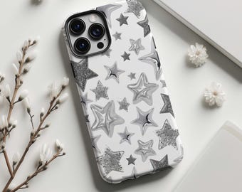 Telefoonhoesje met glinsterende sterren, zilverkleurig metallic met glitterende sterren, trendy Y2K-stijl voor iPhone 17 16 15 14 13 12 11 Pro Max, Samsung Galaxy