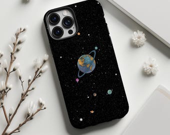 Cosmic Planets Phone Case,Ring Earth & Stars,Fairy Tale Universe Style,For iphone 17 16 15 14 13 12 11 Pro Max,Samsung S25 S24 Ultra,Magsafe
