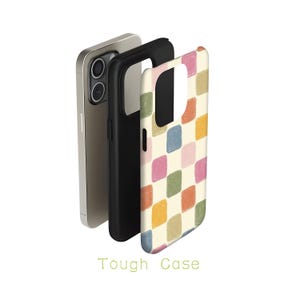 May include: A phone case with a colorful checkerboard pattern in pink, blue, green, and yellow. The case is shown with a black inner case and a silver phone. The text "Tough Case" is at the bottom.