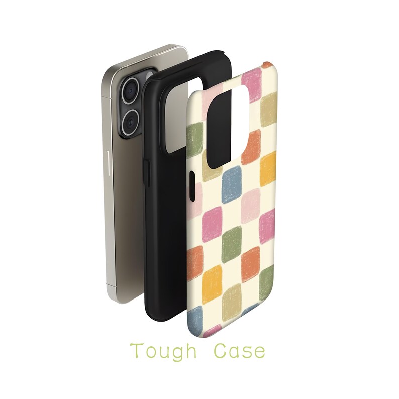 May include: A phone case with a colorful checkerboard pattern in pink, blue, green, and yellow. The case is shown with a black inner case and a silver phone. The text "Tough Case" is at the bottom.