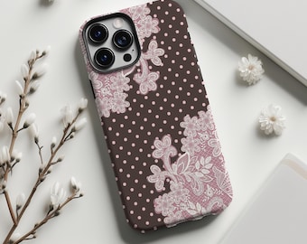 Light Pink Polka Dots with Pink Lace Phone Case,Retro classic minimalist Brown,For iPhone 17 16 15 14 13 12 11ProMax,Samsung S25 S24,Magsafe