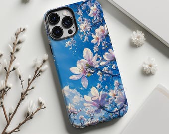 Telefoonhoesje met transparante hemelsblauwe roze magnoliabloesem, minimalistisch, kawaii, anime, lentebloemen, voor iPhone 17 16 15 14 13 12 11 Pro Max, Samsung S26 S25, MagSafe