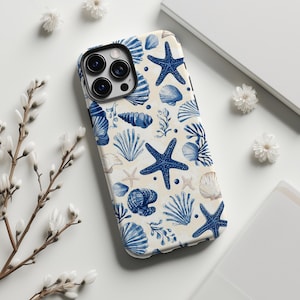 May include: A phone case with a cream background, adorned with blue seashells, starfish, and aquatic plants. The case has a glossy finish and is designed for a smartphone. The design evokes a coastal theme, with a nautical feel.