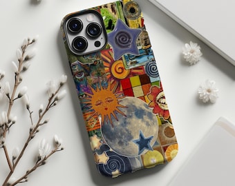 Retro Whimsy Collage Phone Case,Spiral patterns of stars,Suns,Eyes,Cover For iphone 18 17 16 15 14 13 12 11 Pro Max,Samsung S25 S26,Magsafe