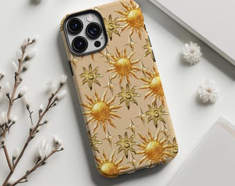 Retro gold sun and starburst Phone Case,Bohemian Sunshine Celestial,For iphone 17 16 15 14 13 12 11 Pro Max,Samsung S25 S24 Ultra,Magsafe