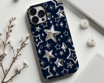 Telefoonhoesje met chromen zilveren sterren en 3D-print, trendy Y2K-stijl, geschikt voor iPhone 17 16 15 14 13 12 11 Pro Max, cool hoesje voor tienermeisjes, Samsung Galaxy S25 S24