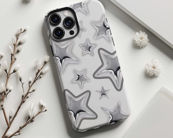 Telefoonhoesje met 3D zilveren sterrenprint, trendy Y2K lichtgrijs hoesje voor tieners, coole stijl, voor iPhone 17 16 15 14 13 12 11 Pro Max, Samsung Galaxy S25 S24