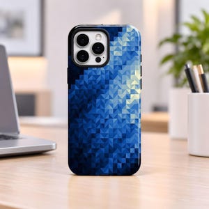 Dark Blue Triangle Mosaic Print Phone Case,Gradient Geometric Pixel Art Print,For iphone Duo 18 17 16,Samsung S26 S25,MagSafe Magnetic Stand
