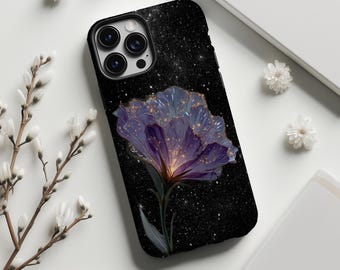 Galaxy Starry Night paarse bloemen telefoonhoesje, donkere gotische bloemenprint, voor iPhone 17 16 15 14 13 12 11 Pro Max, Samsung S26 S25 Ultra, MagSafe
