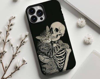 Skeleton Hugging Cat Line Art Phone Case,Dark Romantic Illustration ,For iphone 18 17 16 15 14 13 12 11 Pro Max,Samsung S26 S25Ultra,Magsafe