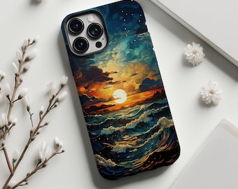 Funda para teléfono con diseño de atardecer en el océano, compatible con MagSafe, con cristales de imitación tropicales, ideal como regalo para amantes del amanecer náutico para iPhone 16, 15 y 14, Samsung