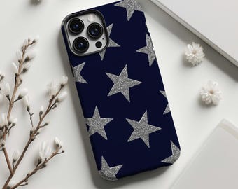 Trendy donkerblauwe Y2K-telefoonhoes met sterrenmotief en zilveren glitter, geschikt voor iPhone 17 16 15 14 13 12 11 Pro Max, een stijlvolle en coole hoes voor tienermeisjes, en voor Samsung S25.