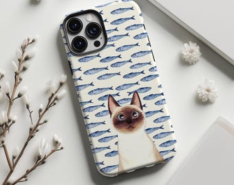 Telefoonhoesje met Siamese kat, leuk aquarel visontwerp, schattig huisdierkatje, voor iPhone 17, 16, 15, 14, 13, 12, 11 Pro Max, Samsung S25, S24, Magsafe