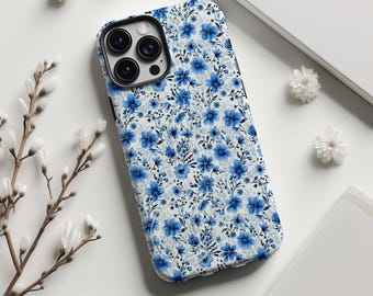 Telefoonhoesje met blauw bloemenpatroon, Toile de Jouy, blauw-wit porseleinstijl, voor iPhone 17 16 15 14 13 12 11 Pro Max, Samsung Galaxy, MagSafe