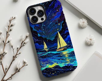 Fantasy Starry Sky and Sailing Ships Phone Case,Blue Milky Way,Starlight,For iphone 17 16 15 14 13 12 11 Pro Max,Samsung S25 S24 ,Magsafe