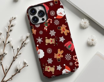Bordeauxrode kersthoes voor telefoon, schattig rendier, peperkoekenmannetje, kerstmuts, sneeuwvlokken, iPhone 17, 16, 15, 14, 13, 12, 11, Samsung S30, S25, S24, S23, S22FE