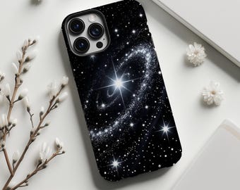 Zwart telefoonhoesje met sterrenhemelmotief, mysterieuze romantische donkere sterrenprint, voor iPhone 17 16 15 14 13 12 11 Pro Max, Samsung S26 S25 Ultra, MagSafe