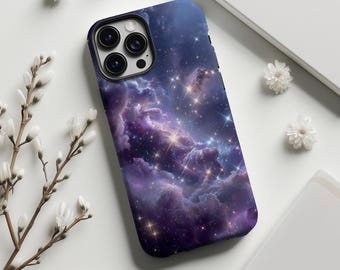 Telefoonhoesje met kosmische, dromerige blauw-violette nevel, fantasievolle melkweg, hemel en sterren, voor iPhone 17 16 15 14 13 12 11, Samsung S25 S24, Magsafe