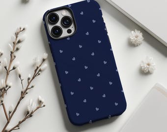 Donkerblauw en lichtpaarsblauw telefoonhoesje met hartje, retro klassieke minimalistische meisjesstijl, geschikt voor iPhone 17 16 15 14 13 12 11, Samsung S25 S26, MagSafe