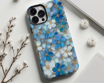 Blue & Gold Floral Stained Glass Print Phone Case,Retro Elegant Floral,For iphone 17 16 15 14 13 12 11 Pro Max,Samsung S26 S25 Ultra,Magsafe