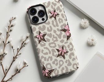 Retro telefoonhoesje met luipaardprint, ster en roze strik, Y2K crèmekleurige cheetahprint, hoesje voor iPhone 17 16 15 14 13 12 11 Pro Max, Samsung S25 S24 Ultra, Magsafe