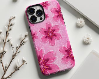 Telefoonhoesje met roze kersenbloesem, dromerig, meisjesachtig, kawaii, met bloemenpatroon en kleurverloop, voor iPhone 17 16 15 14 13 12 11 Pro Max, Samsung S26 S25 Ultra, MagSafe
