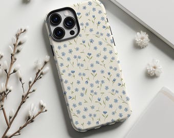 Lichtblauwe telefoonhoes met aquarel bloemenprint, retro pastel pastorale wilde bloemen, voor iPhone 17 16 15 14 13 12 11 Pro Max, Samsung S24 S25, Magsafe