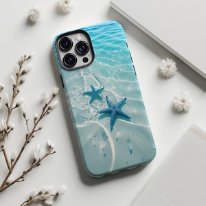 May include: A phone case featuring a serene ocean scene with two blue starfish. The case has a light blue background with a water ripple effect. The phone case is a protective accessory.
