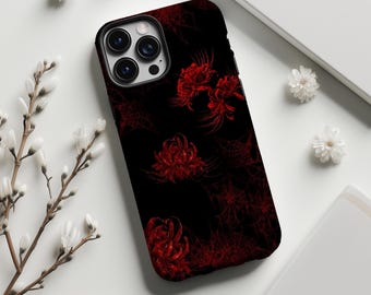 Red Spider Lily With Spider Web Phone Case,Gothic Dark Aesthetic Floral Print,For iphone 18 17 16 15 14 1 3 12 11,Sumsung S26 S25,Magsafe
