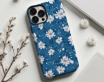 Telefoonhoesje met aquarelbloemen, retro eenvoudig donkerblauw en wit bloemenpatroon, voor iPhone 17 16 15 Pro Max, Samsung S25 S24 Ultra, MagSafe