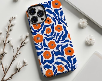 Bold Orange & Navy Minimal Floral Phone Case,Modern Geometric Flower Print,For iPhone 18 17 16 15 14 13 12 11 ProMax,Samsung S26 S25,Magsafe
