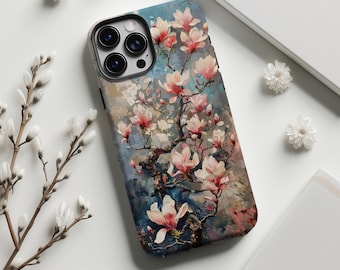 Telefoonhoesje met retro magnolia olieverfschilderijprint, impressionistisch pastoraal bloemenmotief, geschikt voor iPhone 17 16 15 14 13 12 11 Pro Max, Samsung S26 S25, MagSafe