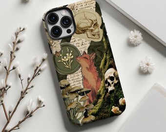 May include: A phone case featuring a collage design with a fox, mushrooms, and skulls. The case has a dark green and beige background with floral and botanical elements. The fox is reddish-orange, and the skulls are white.