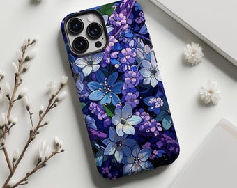Donker mystiek blauwpaars telefoonhoesje met bosbloemen, cottagecore aquarelprint, voor iPhone 17 16 15 14 13 12 11 Pro Max, Samsung S26 S25, MagSafe