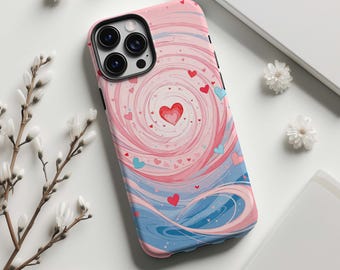 Telefoonhoesje met hartjesmotief, romantisch roze en blauw kleurverloop, geschikt voor iPhone 17 16 15 14 13 12 11 Pro Max, Samsung Galaxy S25 S24, MagSafe.