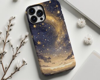 Magnificent Starry Sky Phone Case,Dreamy golden stars & flowing galaxy,For iphone 18 17 16 15 14 13 12 11 Pro Max,Samsung S26 S25,Magsafe