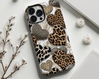 Telefoonhoesje met luipaardprint en hartje, dierenprint hartje, neutrale, flirterige hoes voor iPhone 17-11 Pro Max, Samsung S25 S24 Ultra, Magsafe