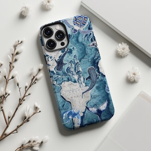 May include: A smartphone case featuring a blue and white world map design with illustrations of marine life, including sharks, jellyfish, and a turtle. The case has a glossy finish and a black camera lens surround.